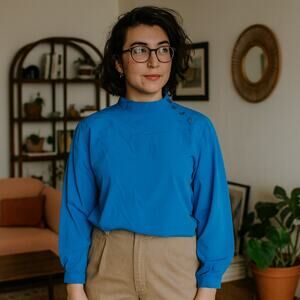 Vintage 80s Electric Blue Blouse with Snap Shoulder Detail Long Sleeve Top